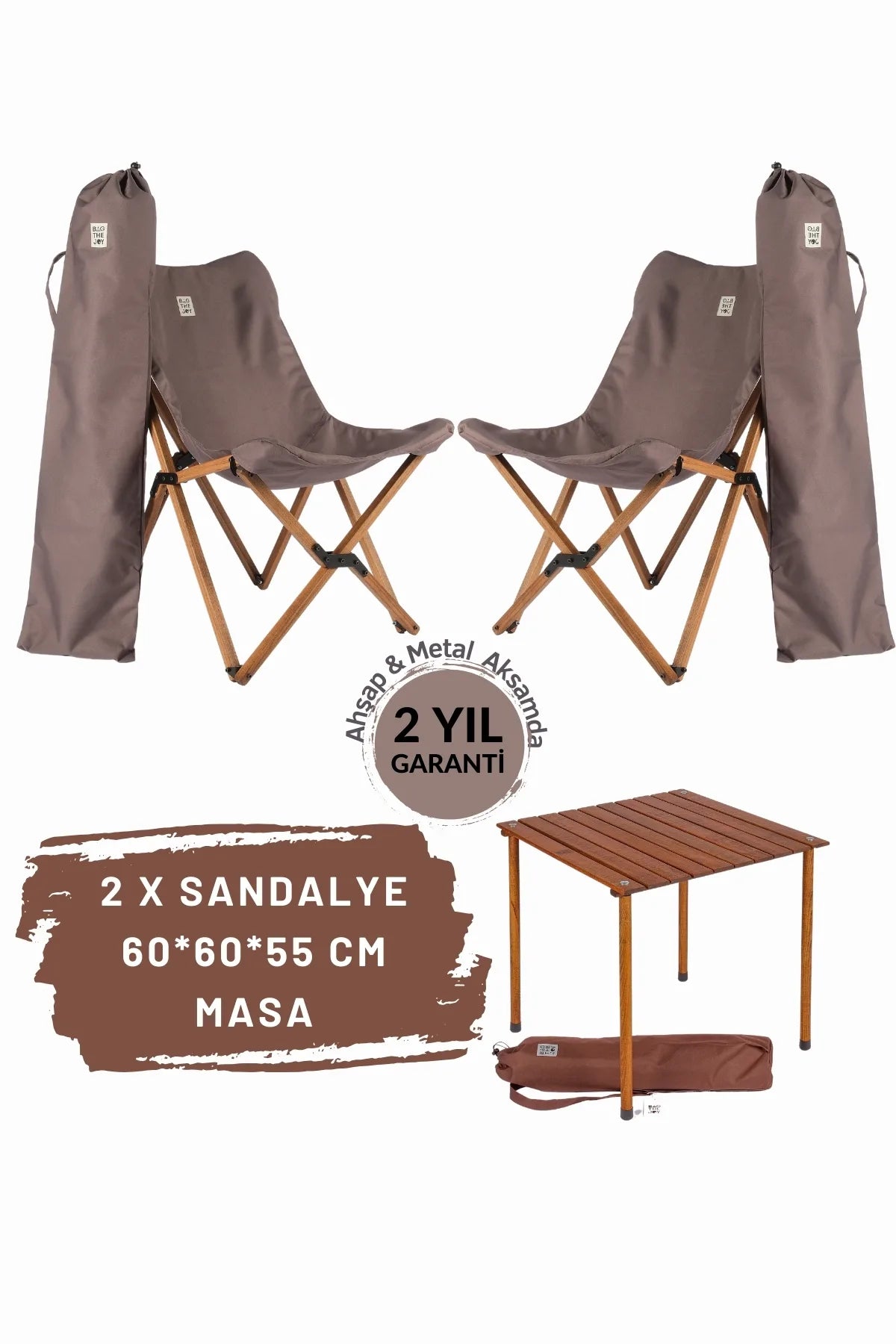 BAG THE JOY AHŞAP KATLANIR MASA SANDALYE SETİ – KAHVERENGİ – KOYU GRİ -60*60*55
