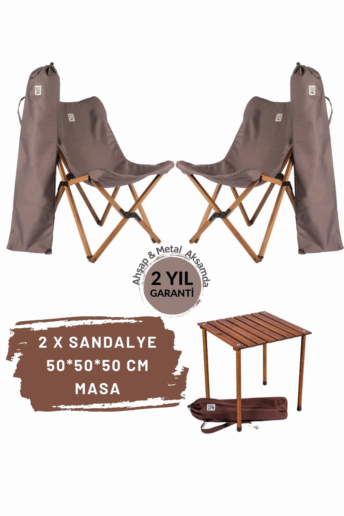 BAG THE JOY AHŞAP KATLANIR MASA SANDALYE SETİ – KAHVERENGİ – KOYU GRİ -50*50*50