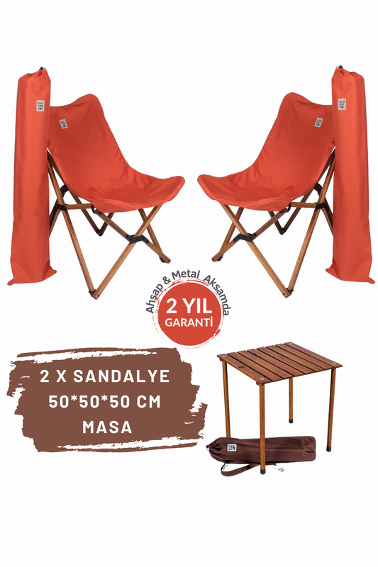 BAG THE JOY AHŞAP KATLANIR MASA SANDALYE SETİ – KAHVERENGİ – KİREMİT – 50*50*50cm