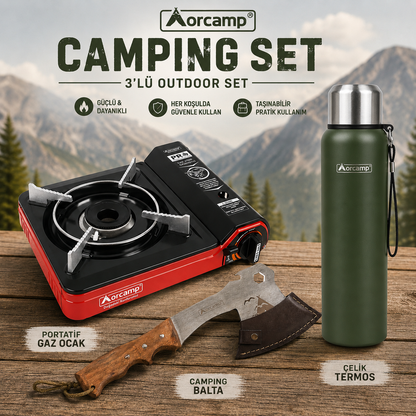 3’lü Outdoor Kamp Seti – Ocak, Termos ve Balta