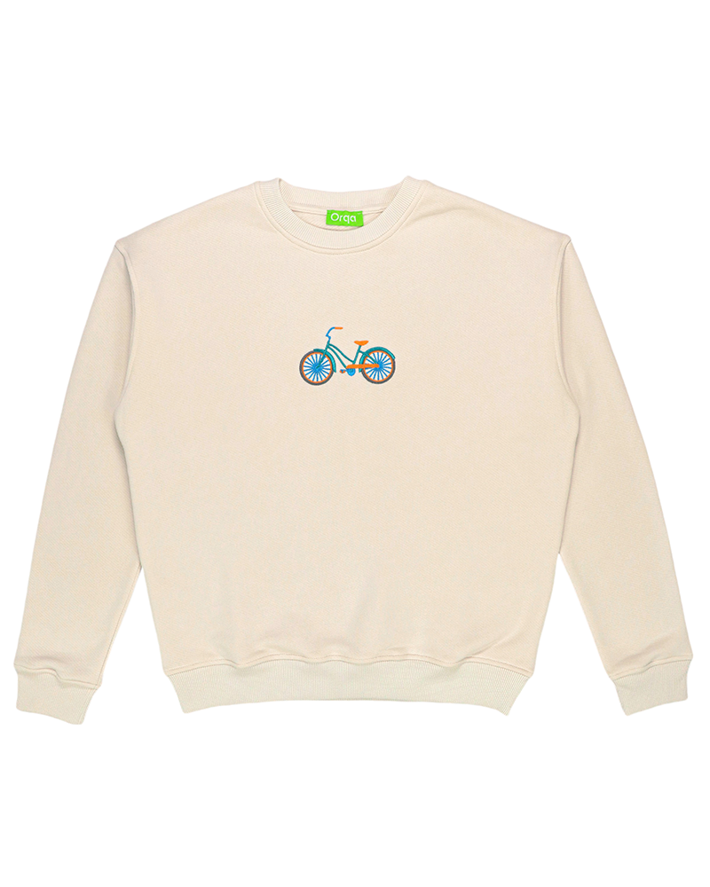 Krem Bisiklet Nakışlı Sweatshirt
