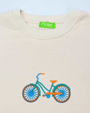 Krem Bisiklet Nakışlı Sweatshirt