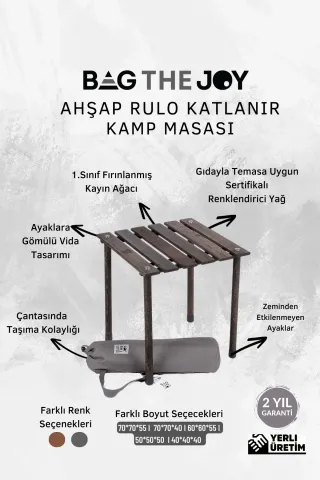 BAG THE JOY AHŞAP KATLANIR RULO KAMP MASASI / ANTRASİT (50*50*50)
