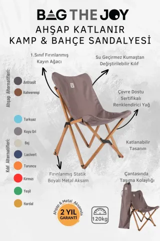BAG THE JOY KATLANIR AHŞAP KAMP ve BAHÇE SANDALYESİ – KAHVERENGİ İSKELET – KOYU GRİ KILIF