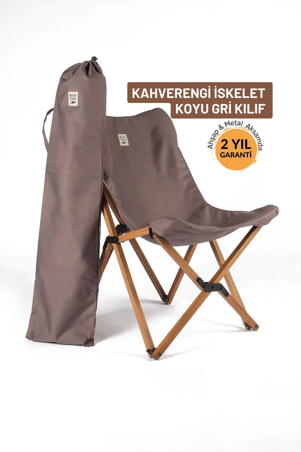 BAG THE JOY KATLANIR AHŞAP KAMP ve BAHÇE SANDALYESİ – KAHVERENGİ İSKELET – KOYU GRİ KILIF