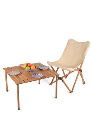BAG THE JOY KATLANIR AHŞAP KAMP ve BAHÇE SANDALYESİ – KAHVERENGİ İSKELET – BEJ KILIF