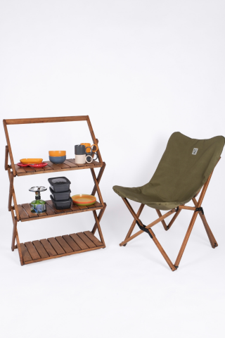 BAG THE JOY KATLANIR AHŞAP KAMP ve BAHÇE SANDALYESİ – KAHVERENGİ İSKELET – HAKİ KILIF