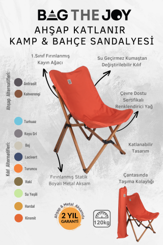 BAG THE JOY KATLANIR AHŞAP KAMP ve BAHÇE SANDALYESİ – KAHVERENGİ İSKELET –  KİREMİT KILIF