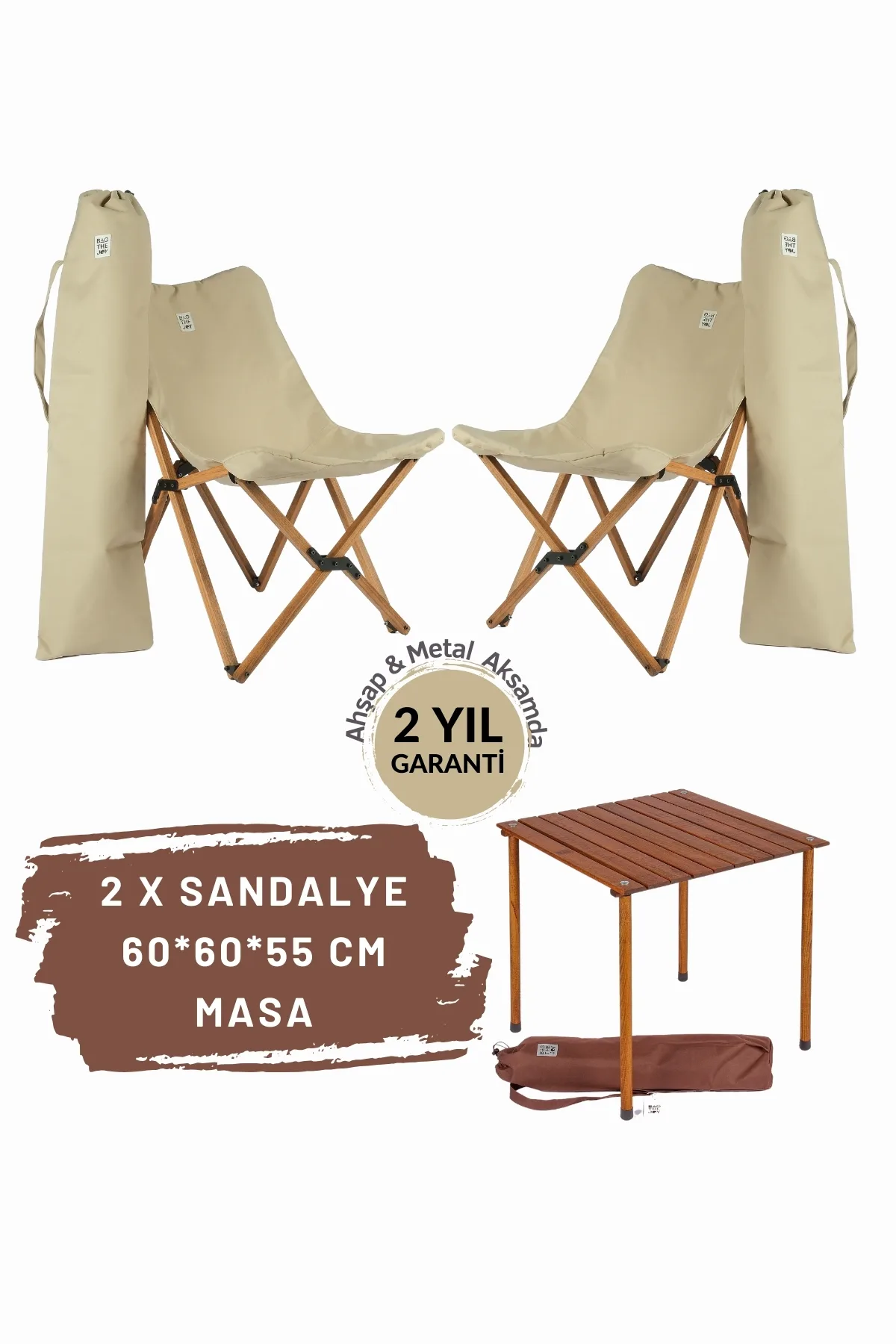 BAG THE JOY AHŞAP KATLANIR MASA SANDALYE SETİ – KAHVERENGİ – BEJ -60*60*55