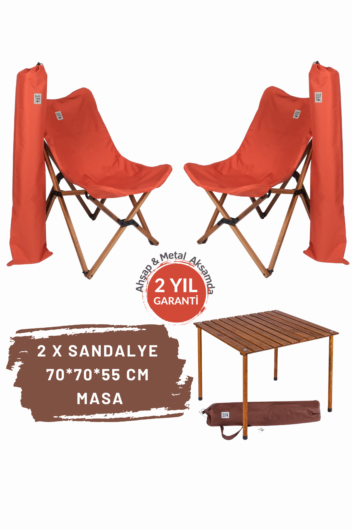 BAG THE JOY AHŞAP KATLANIR MASA SANDALYE SETİ – KAHVERENGİ – KİREMİT – 70*70*55cm