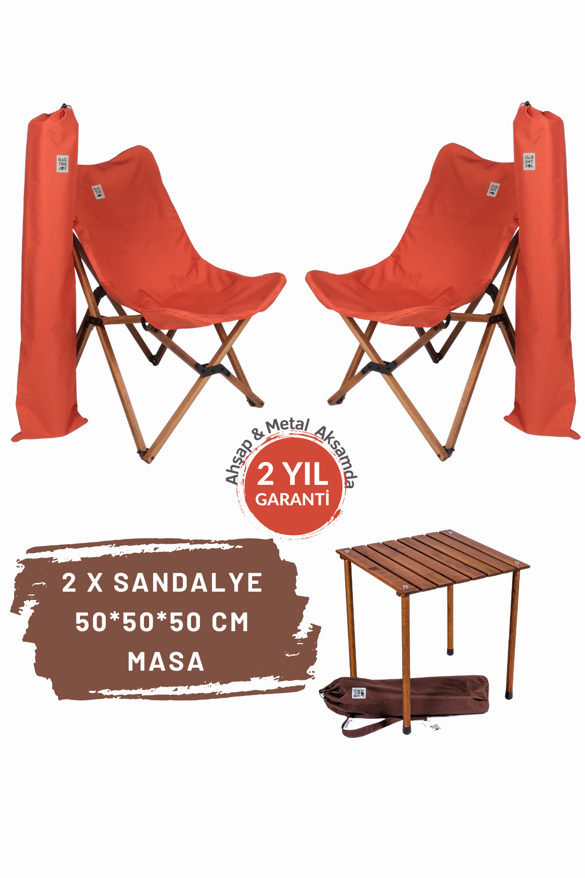 BAG THE JOY AHŞAP KATLANIR MASA SANDALYE SETİ – KAHVERENGİ – KİREMİT – 50*50*50cm