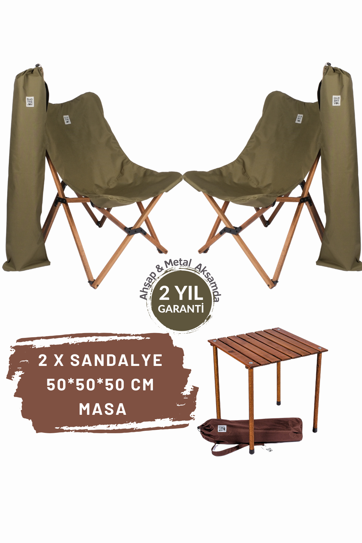 BAG THE JOY AHŞAP KATLANIR MASA SANDALYE SETİ – KAHVERENGİ – HAKİ – 50*50*50cm